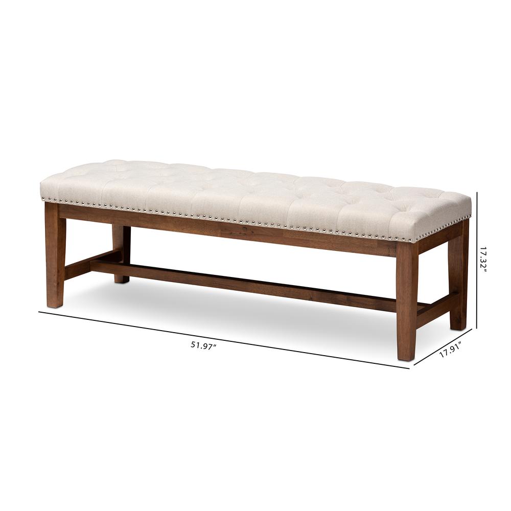 Light Beige Fabric Upholstered Walnut Finished Solid Rubberwood Bench. Picture 16