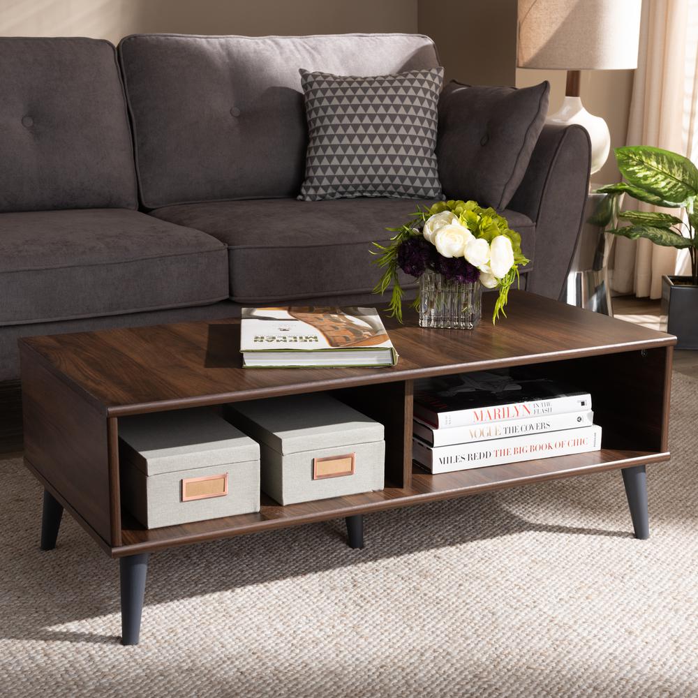 Pierre Mid-Century Modern Brown and Dark Grey Finished Wood Coffee Table. Picture 6