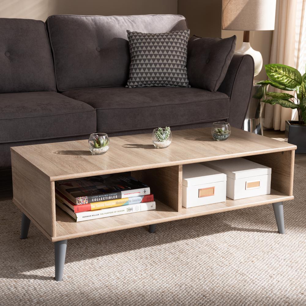 Pierre Mid-Century Modern Oak and Light Grey Finished Wood Coffee Table. Picture 12