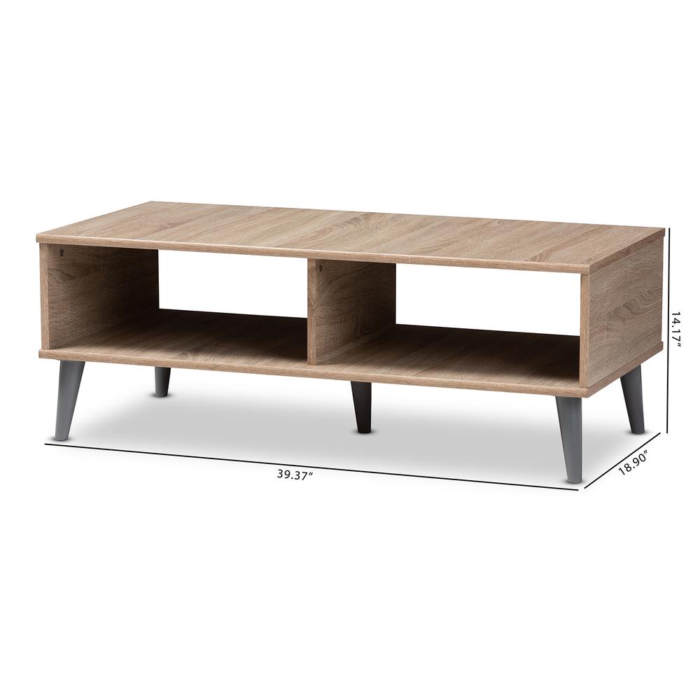 Pierre Mid-Century Modern Oak and Light Grey Finished Wood Coffee Table. Picture 14