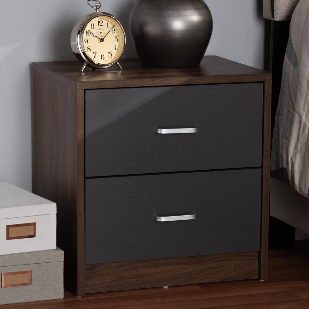 Hansel Modern and Contemporary 2-Drawer Dark Brown and Dark Grey Finished Nightstand. Picture 7