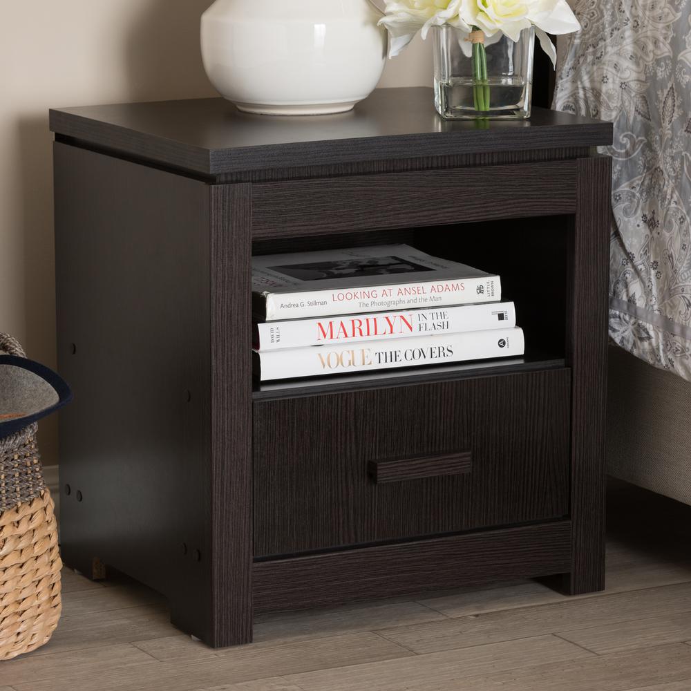 Bienna Modern and Contemporary Wenge Brown Finished 1-Drawer Nightstand. Picture 16