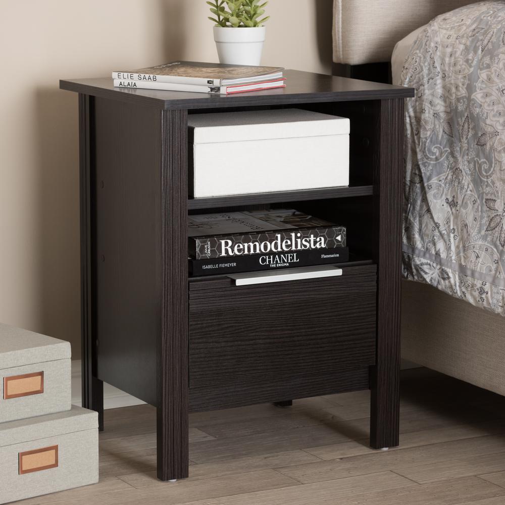 Hamish Modern and Contemporary Wenge Brown Finished 1-Drawer Nightstand. Picture 16