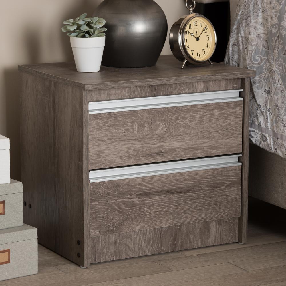 Gallia Modern and Contemporary Oak Brown Finished 2-Drawer Nightstand. Picture 16