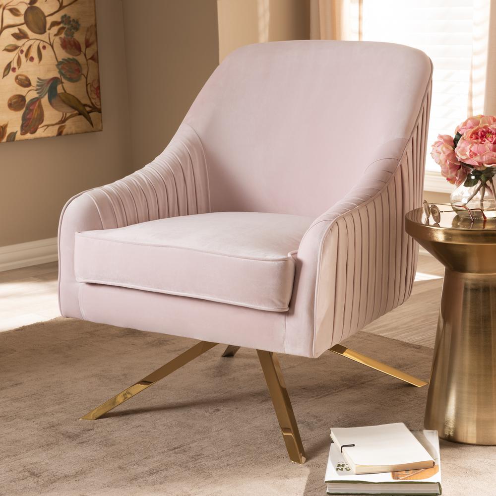 Amaya Luxe and Glamour Light Pink Velvet Fabric Upholstered Gold Finished Base Lounge Chair. Picture 8