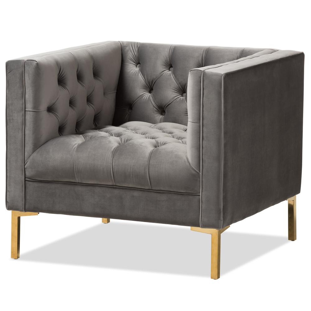 Zanetta Luxe and Glamour Grey Velvet Upholstered Gold Finished Lounge Chair. Picture 10