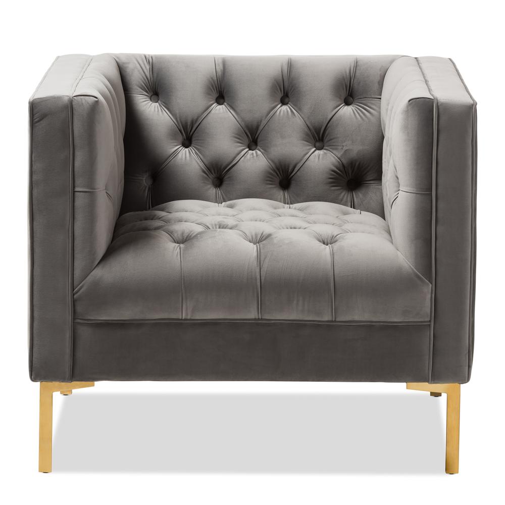 Zanetta Luxe and Glamour Grey Velvet Upholstered Gold Finished Lounge Chair. Picture 11