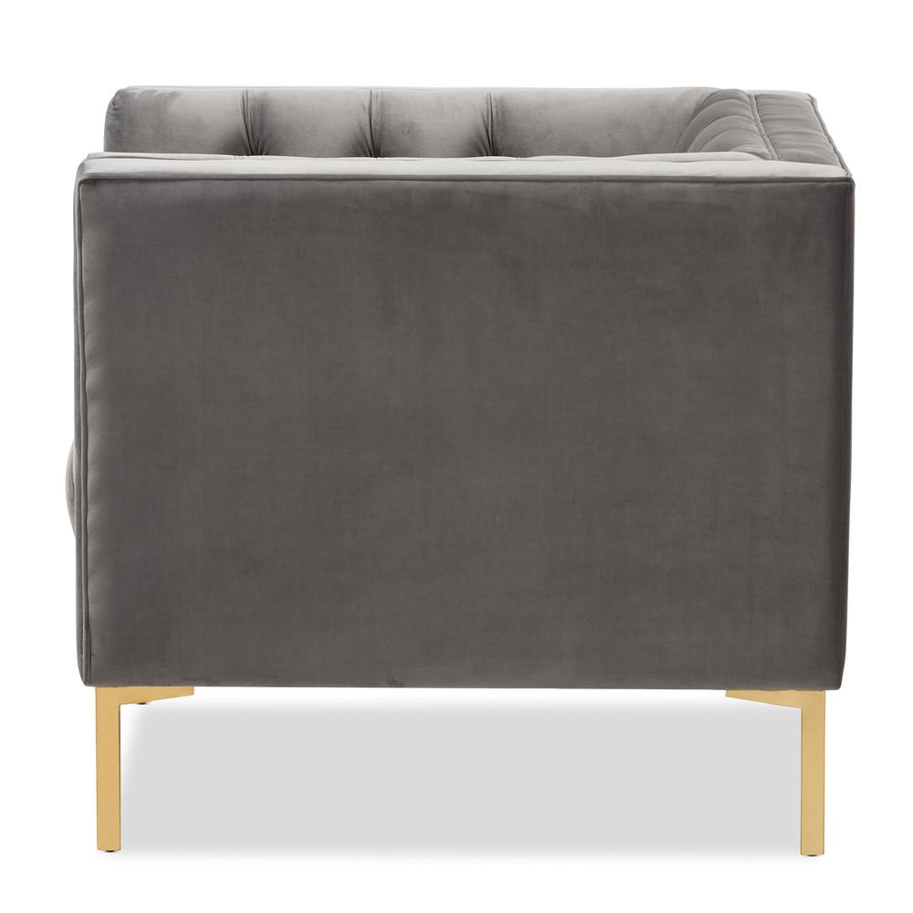 Zanetta Luxe and Glamour Grey Velvet Upholstered Gold Finished Lounge Chair. Picture 12