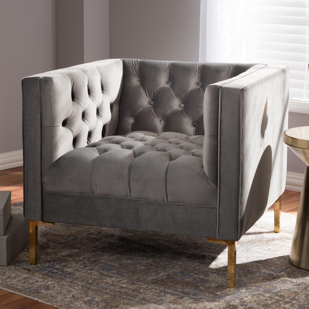 Zanetta Luxe and Glamour Grey Velvet Upholstered Gold Finished Lounge Chair. Picture 16