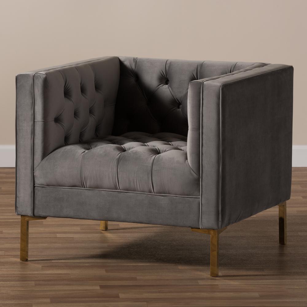 Zanetta Luxe and Glamour Grey Velvet Upholstered Gold Finished Lounge Chair. Picture 17