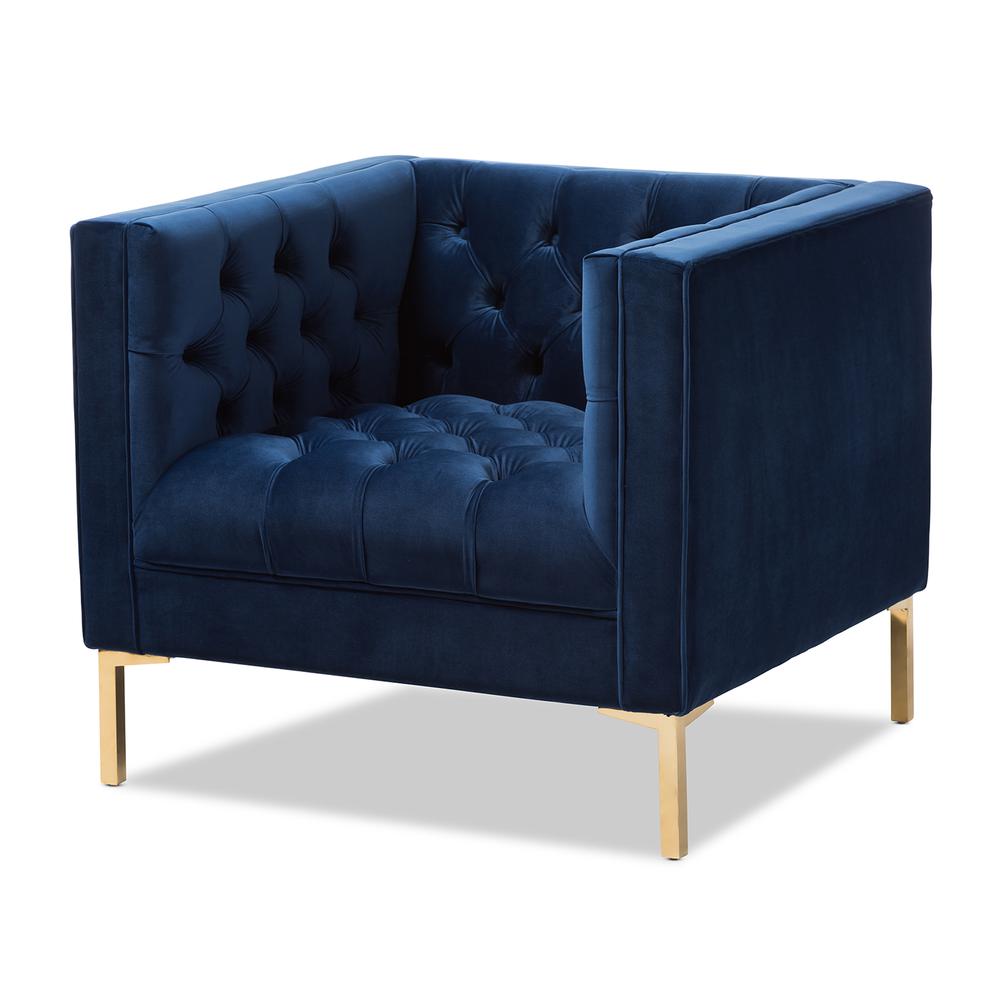 Zanetta Luxe and Glamour Navy Velvet Upholstered Gold Finished Lounge Chair. Picture 9