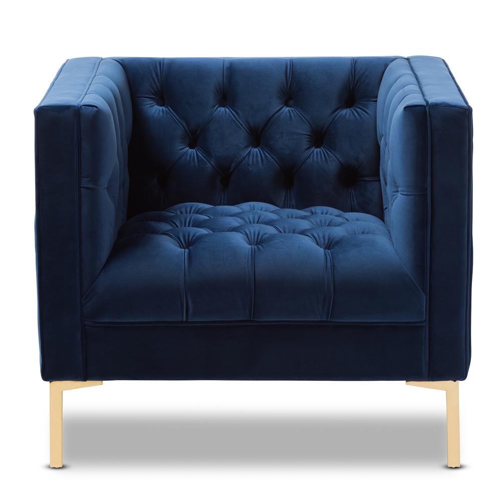 Zanetta Luxe and Glamour Navy Velvet Upholstered Gold Finished Lounge Chair. Picture 10