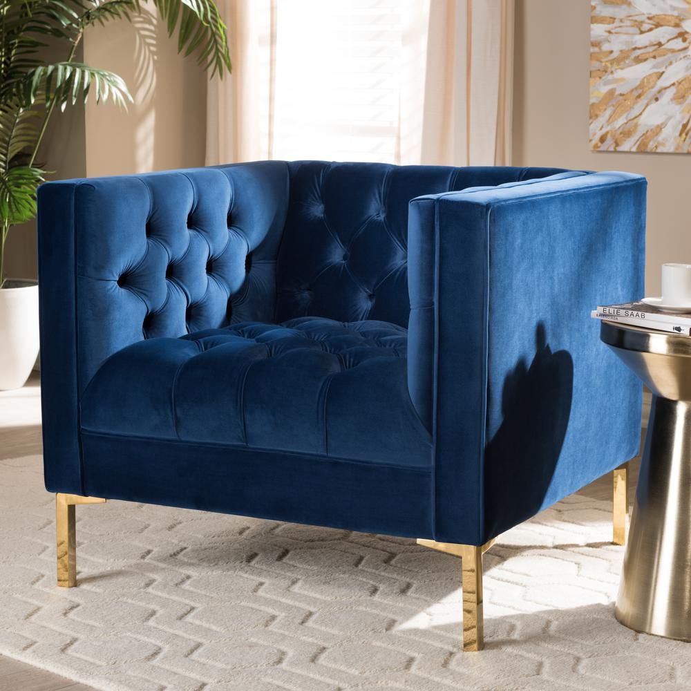 Zanetta Luxe and Glamour Navy Velvet Upholstered Gold Finished Lounge Chair. Picture 14
