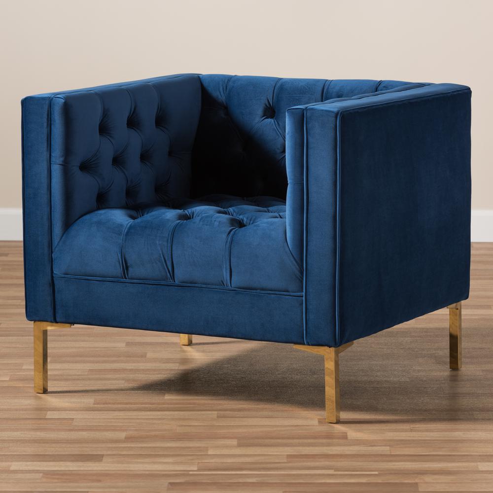 Zanetta Luxe and Glamour Navy Velvet Upholstered Gold Finished Lounge Chair. Picture 15
