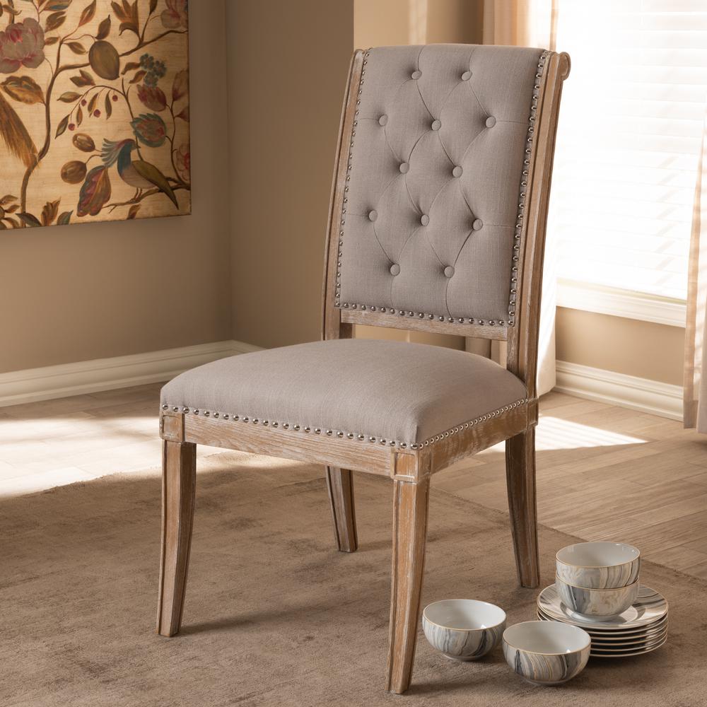 Charmant French Provincial Beige Fabric Upholstered Weathered Oak Finished Wood Dining Chair. Picture 8