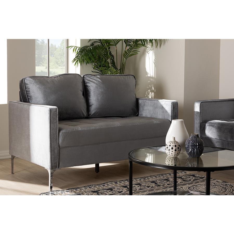 Clara Modern and Contemporary Grey Velvet Fabric Upholstered 2-Seater Loveseat. Picture 7