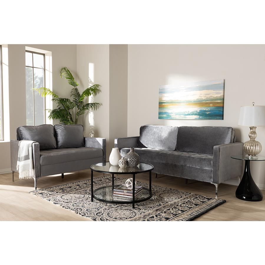 Grey Velvet Fabric Upholstered 2-Piece Living Room Set. Picture 5