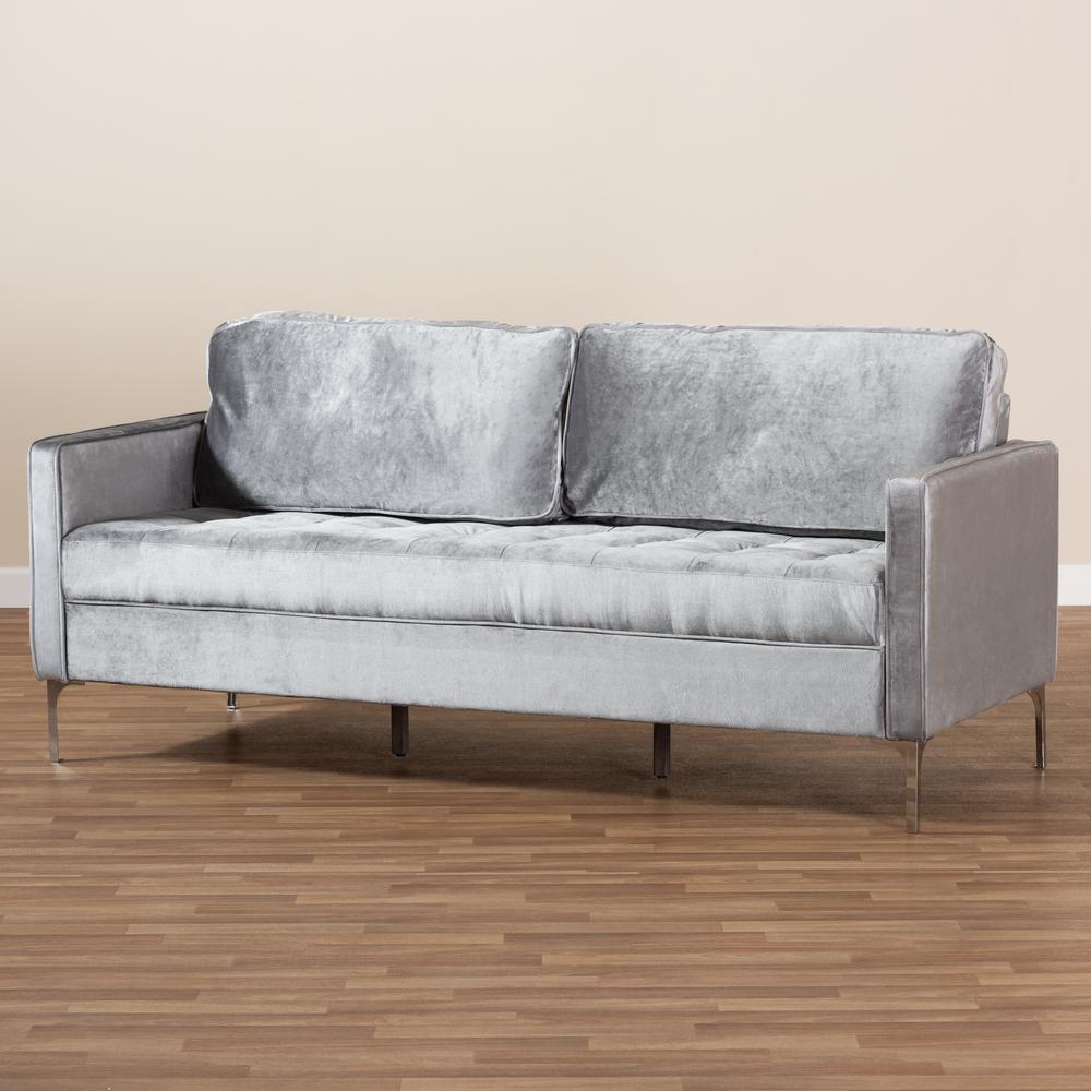 Clara Modern and Contemporary Grey Velvet Fabric Upholstered 3-Seater Sofa. Picture 14