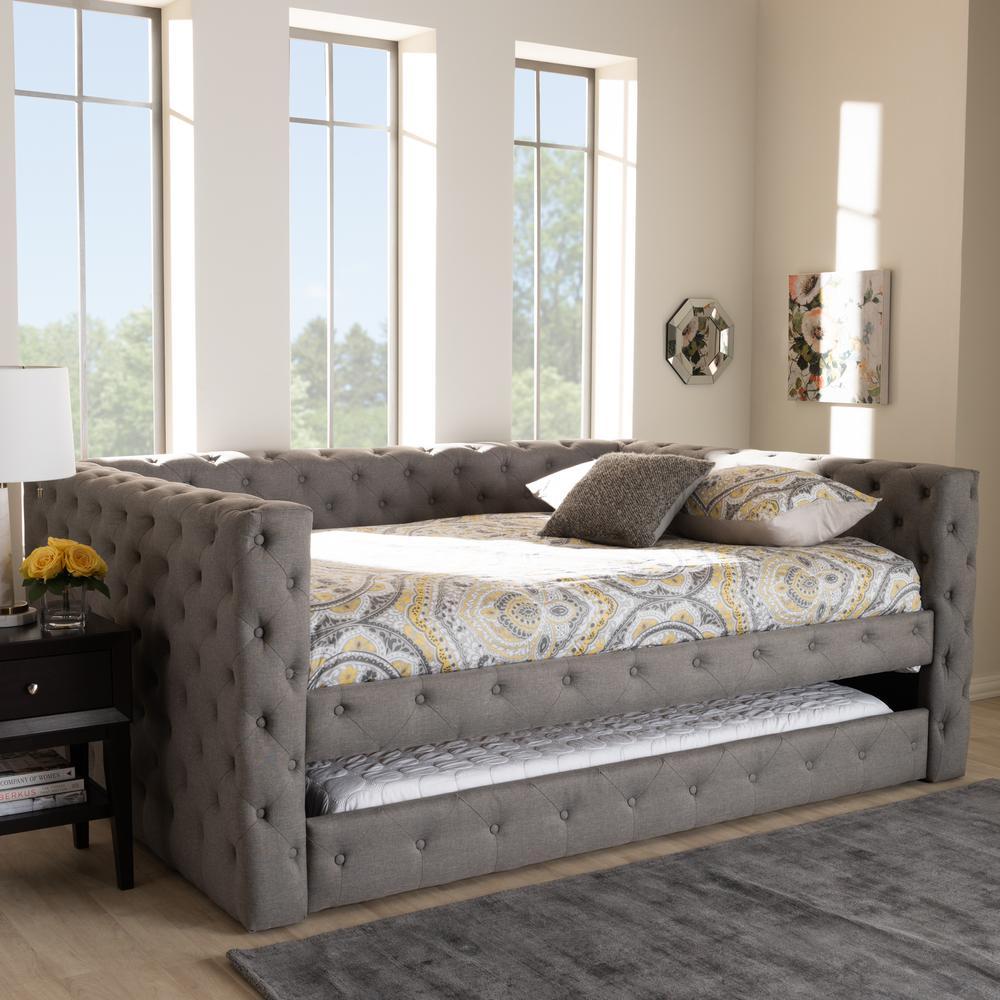 Anabella Modern and Contemporary Grey Fabric Upholstered Queen Size Daybed with Trundle. Picture 9