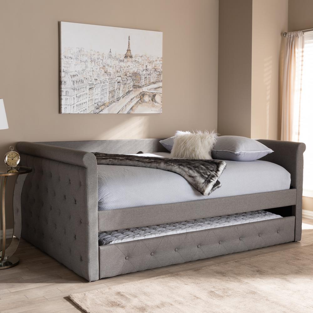 Alena Modern and Contemporary Grey Fabric Upholstered Queen Size Daybed with Trundle. Picture 9