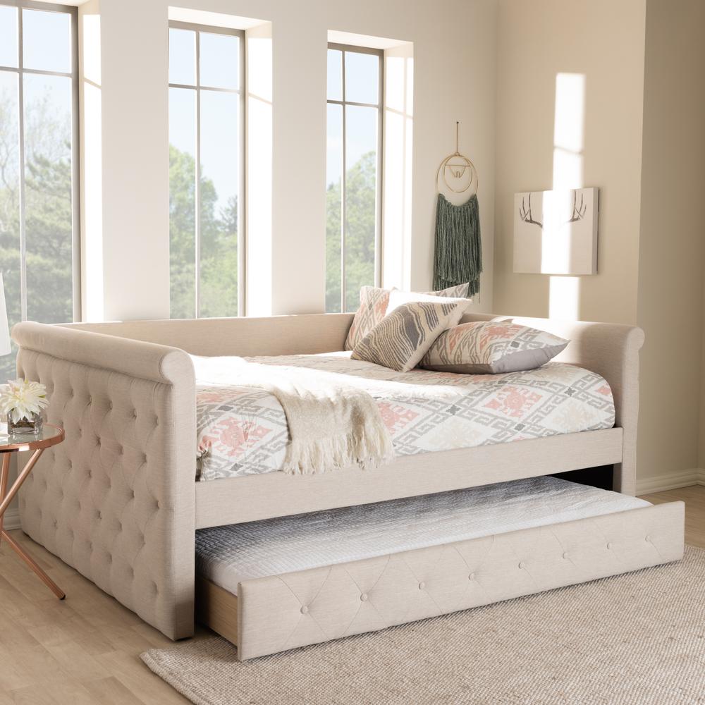 Alena Modern and Contemporary Light Beige Fabric Upholstered Full Size Daybed with Trundle. Picture 10