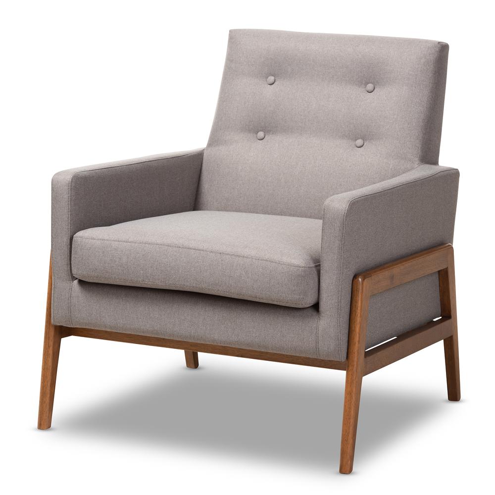 Perris Mid-Century Modern Grey Fabric Upholstered Walnut Wood Lounge Chair. Picture 9