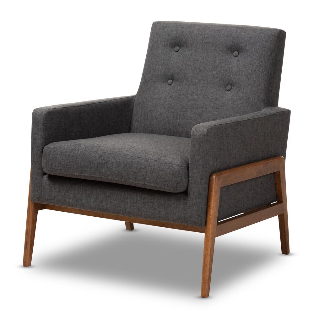 Perris Mid-Century Modern Dark Grey Fabric Upholstered Walnut Wood Lounge Chair. Picture 9