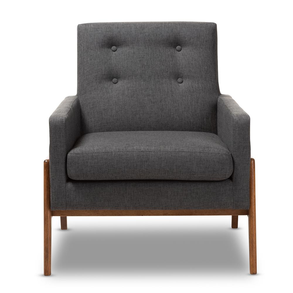 Perris Mid-Century Modern Dark Grey Fabric Upholstered Walnut Wood Lounge Chair. Picture 10
