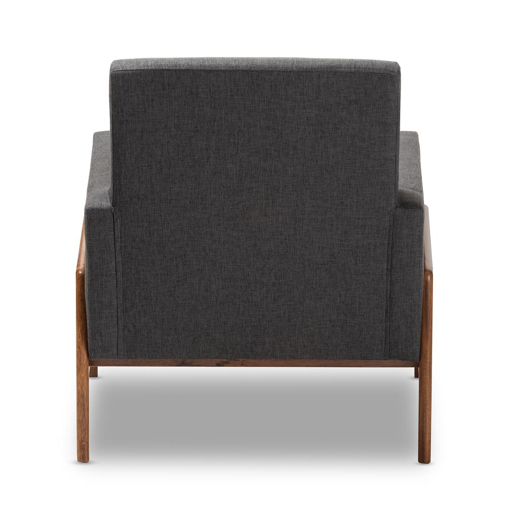 Perris Mid-Century Modern Dark Grey Fabric Upholstered Walnut Wood Lounge Chair. Picture 12