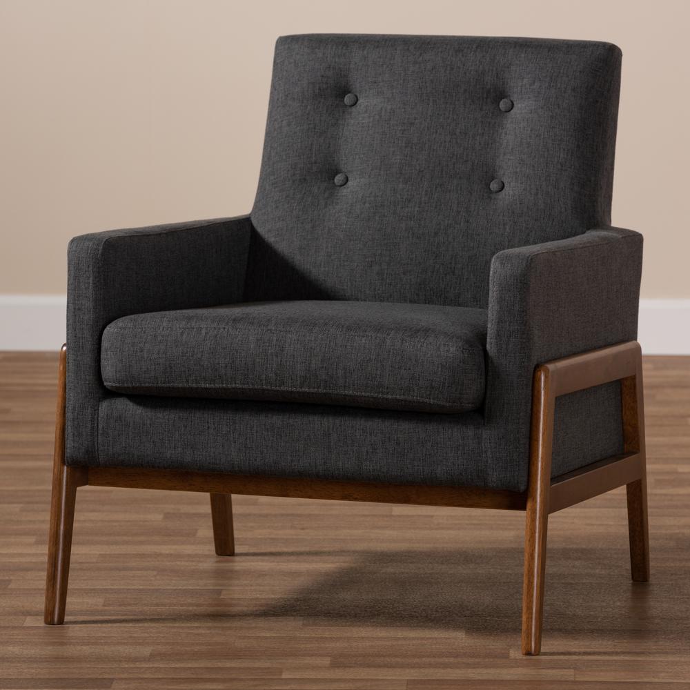 Perris Mid-Century Modern Dark Grey Fabric Upholstered Walnut Wood Lounge Chair. Picture 16