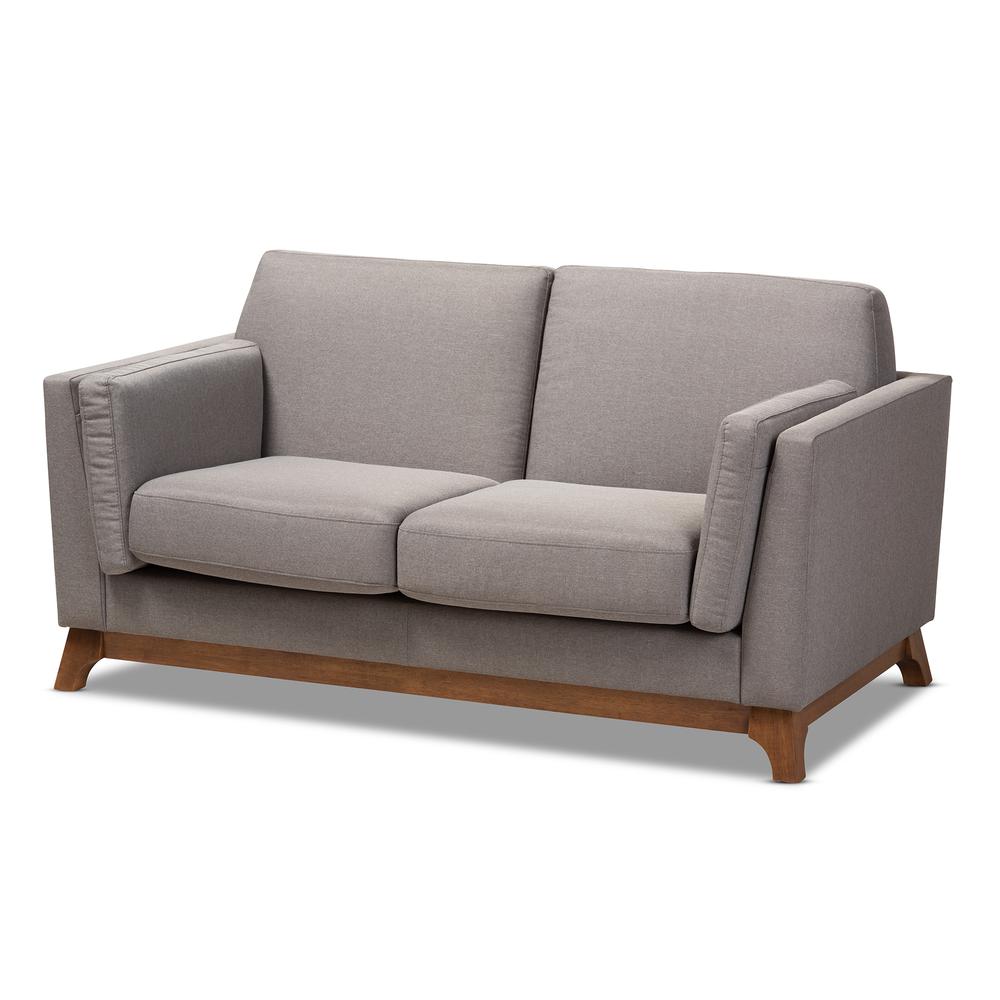Sava Mid-Century Modern Grey Fabric Upholstered Walnut Wood 2-Seater Loveseat. Picture 9
