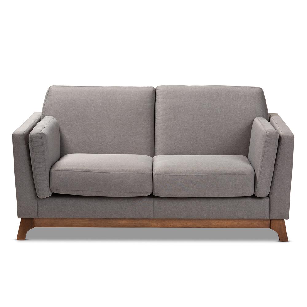 Sava Mid-Century Modern Grey Fabric Upholstered Walnut Wood 2-Seater Loveseat. Picture 10