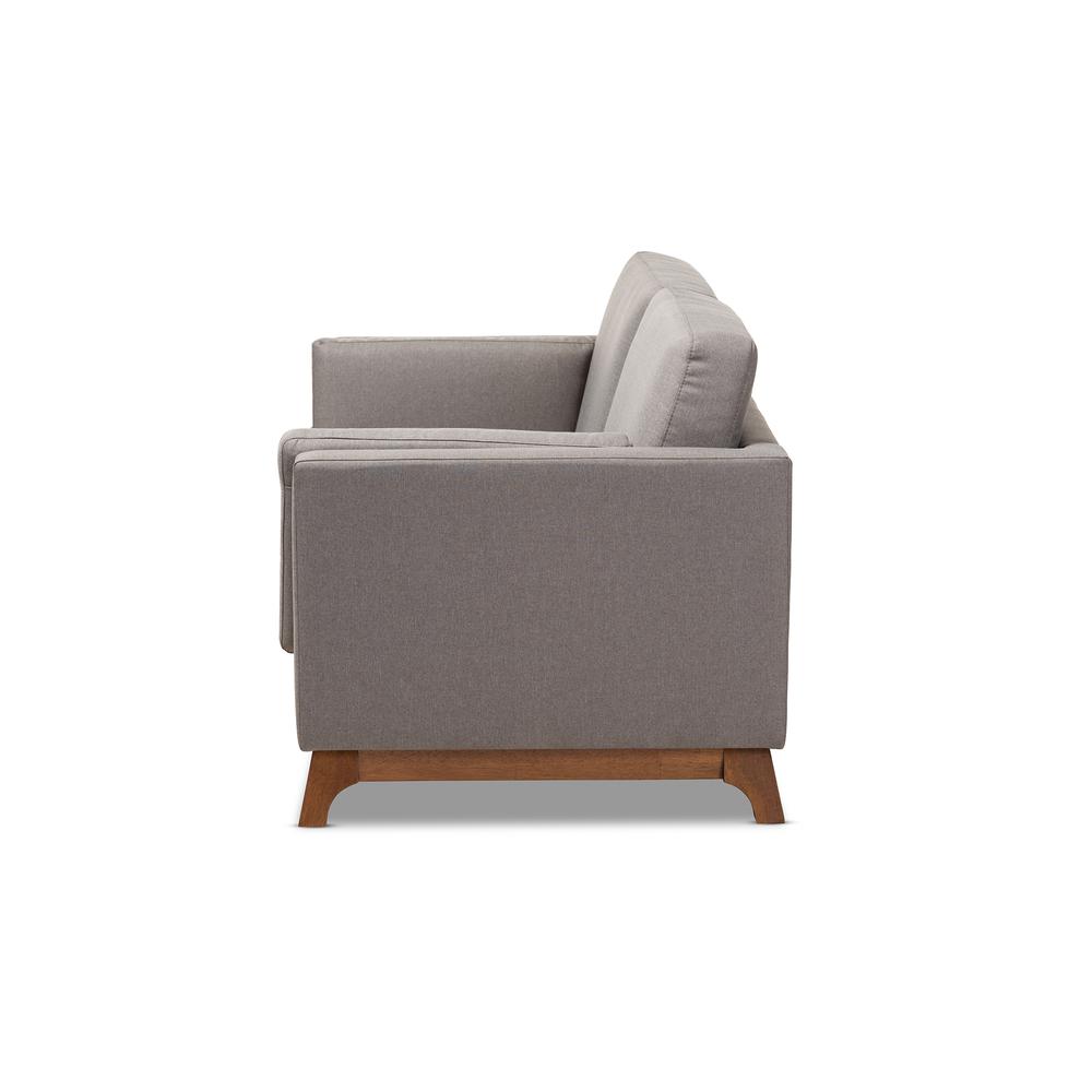 Sava Mid-Century Modern Grey Fabric Upholstered Walnut Wood 2-Seater Loveseat. Picture 11
