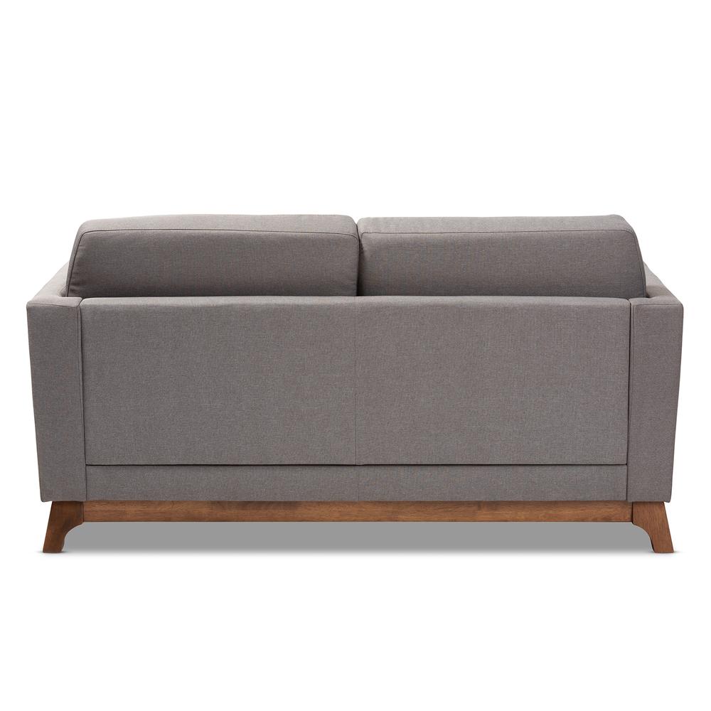 Sava Mid-Century Modern Grey Fabric Upholstered Walnut Wood 2-Seater Loveseat. Picture 12