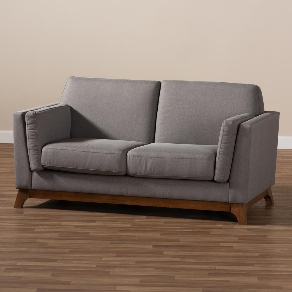 Sava Mid-Century Modern Grey Fabric Upholstered Walnut Wood 2-Seater Loveseat. Picture 16