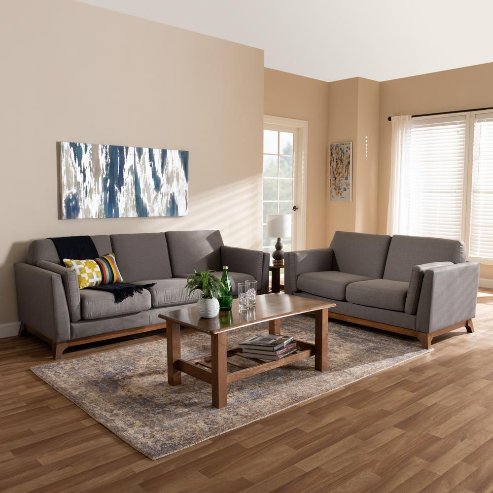 Sava Mid-Century Modern Grey Fabric Upholstered Walnut Wood 2-Piece Living Room Set. Picture 5