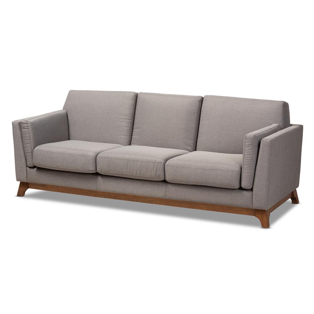 Sava Mid-Century Modern Grey Fabric Upholstered Walnut Wood 3-Seater Sofa. Picture 9