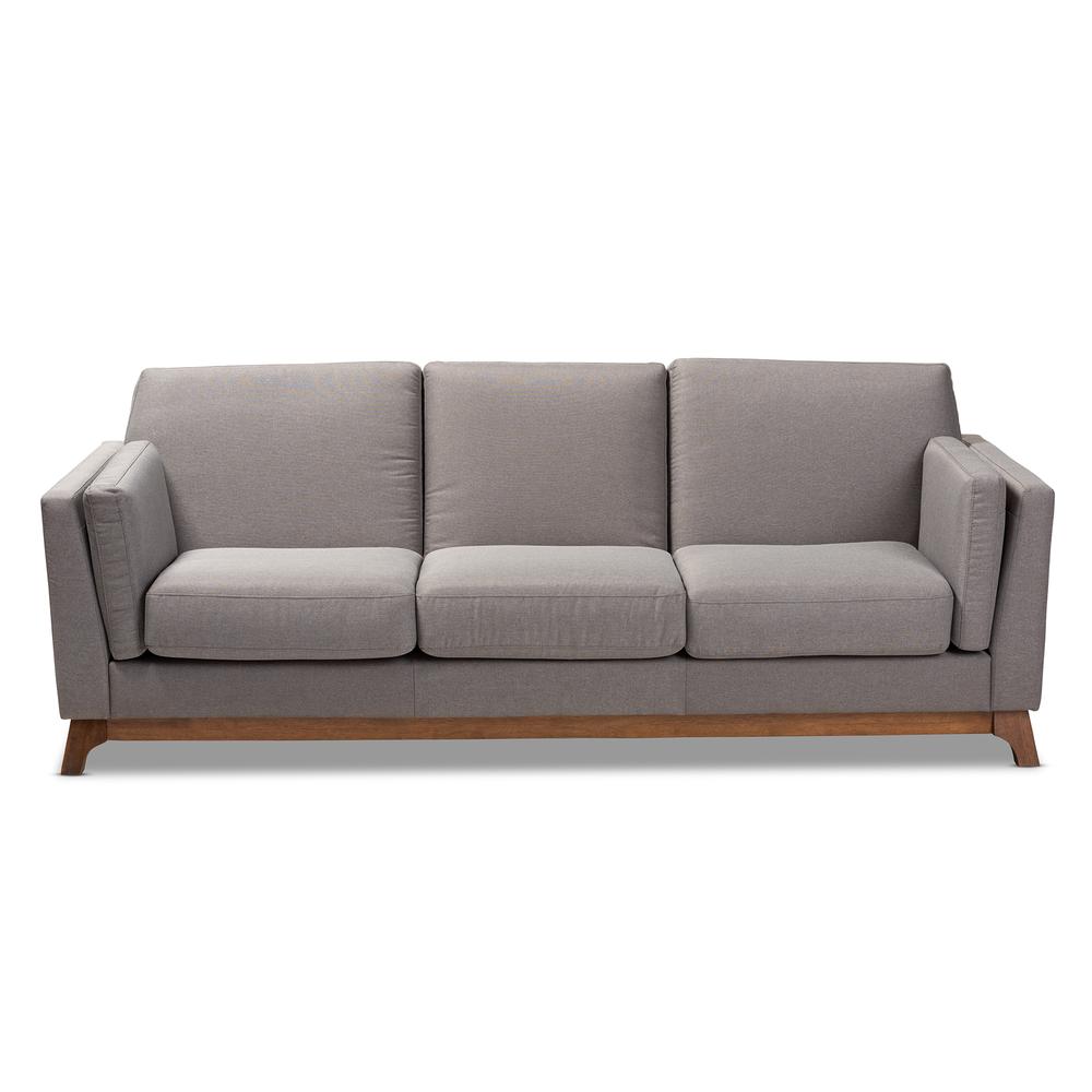Sava Mid-Century Modern Grey Fabric Upholstered Walnut Wood 3-Seater Sofa. Picture 10