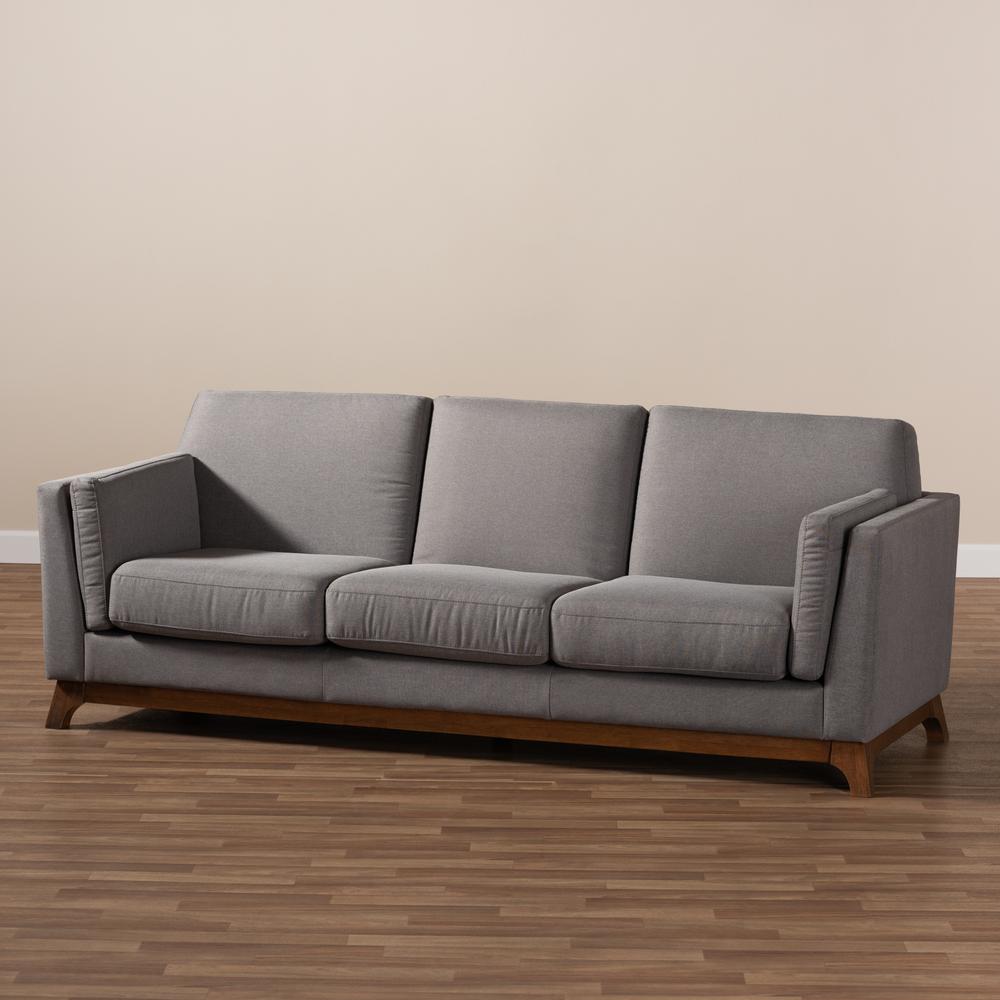Sava Mid-Century Modern Grey Fabric Upholstered Walnut Wood 3-Seater Sofa. Picture 16