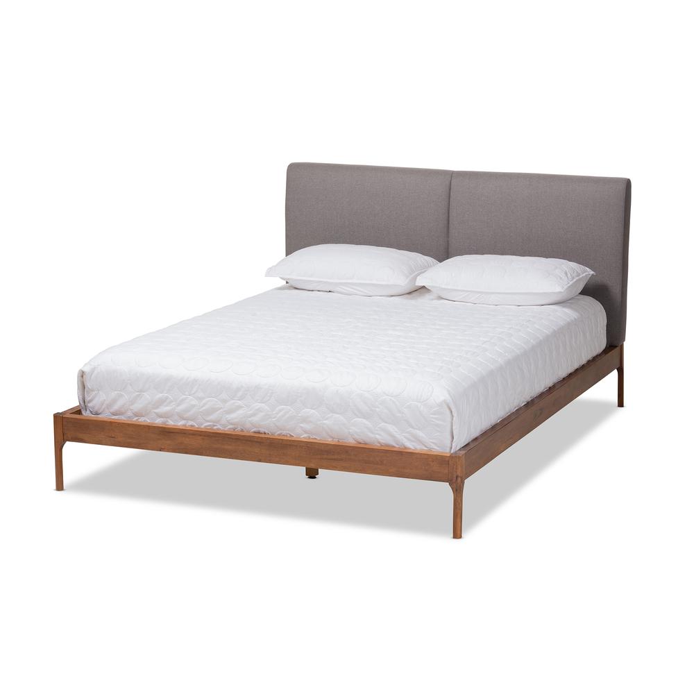 Aveneil Mid-Century Modern Grey Fabric Upholstered Walnut Finished Queen Size Platform Bed. The main picture.