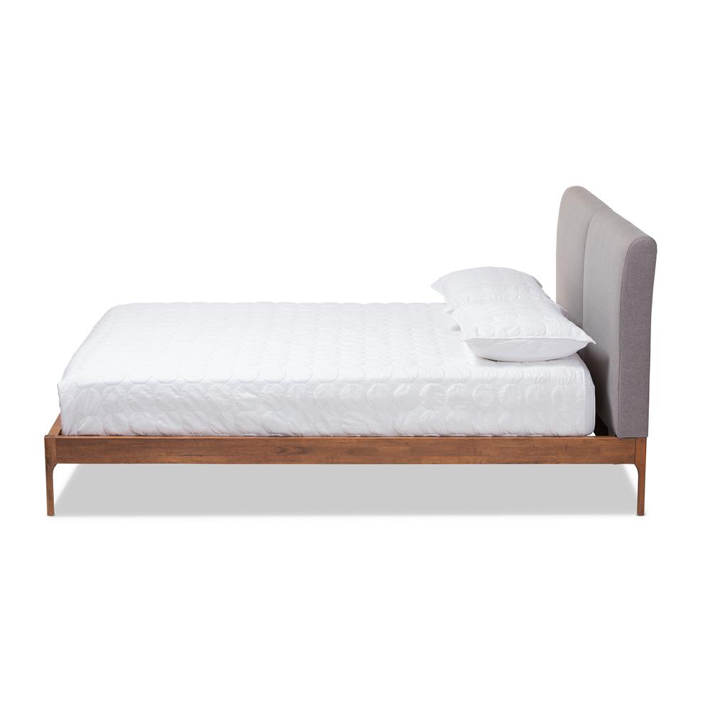 Aveneil Mid-Century Modern Grey Fabric Upholstered Walnut Finished Queen Size Platform Bed. Picture 2
