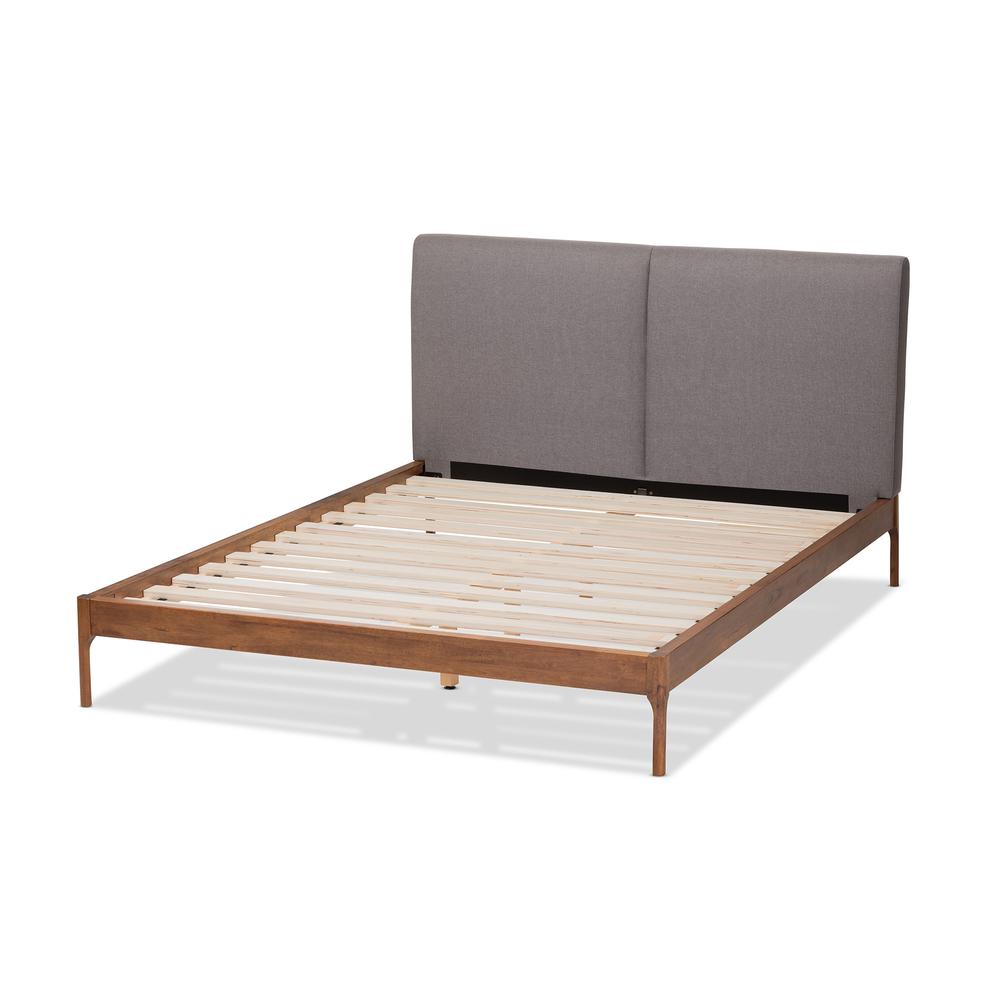 Aveneil Mid-Century Modern Grey Fabric Upholstered Walnut Finished Queen Size Platform Bed. Picture 3