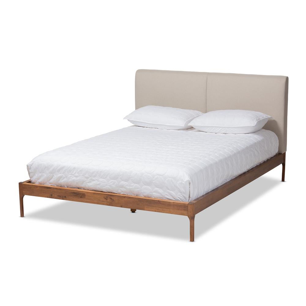 Aveneil Mid-Century Modern Beige Fabric Upholstered Walnut Finished Queen Size Platform Bed. Picture 1