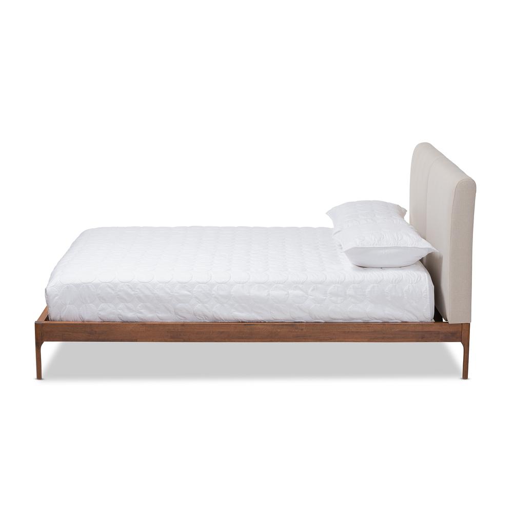 Aveneil Mid-Century Modern Beige Fabric Upholstered Walnut Finished Queen Size Platform Bed. Picture 2