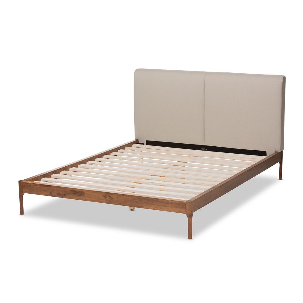 Aveneil Mid-Century Modern Beige Fabric Upholstered Walnut Finished Queen Size Platform Bed. Picture 3