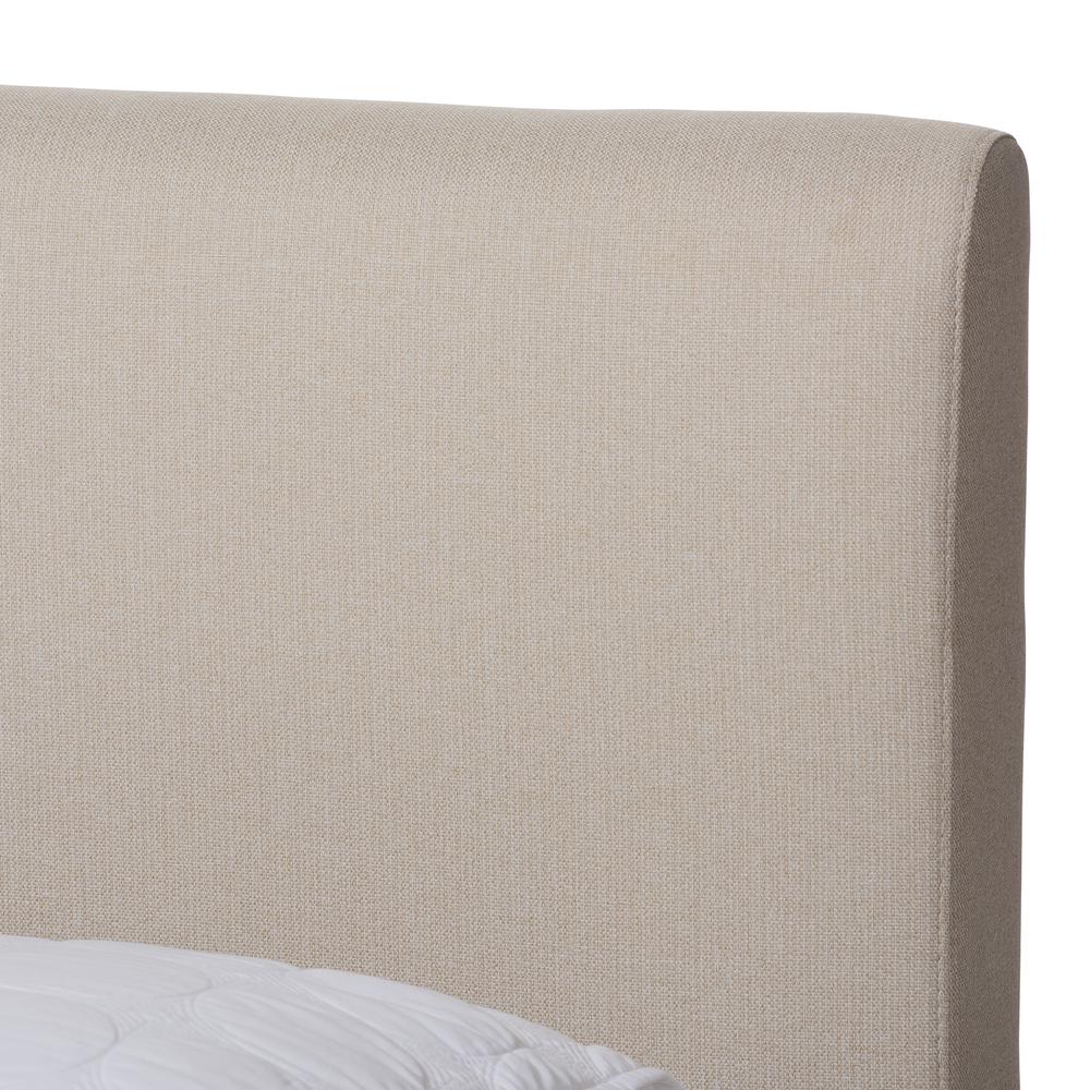 Aveneil Mid-Century Modern Beige Fabric Upholstered Walnut Finished Queen Size Platform Bed. Picture 4