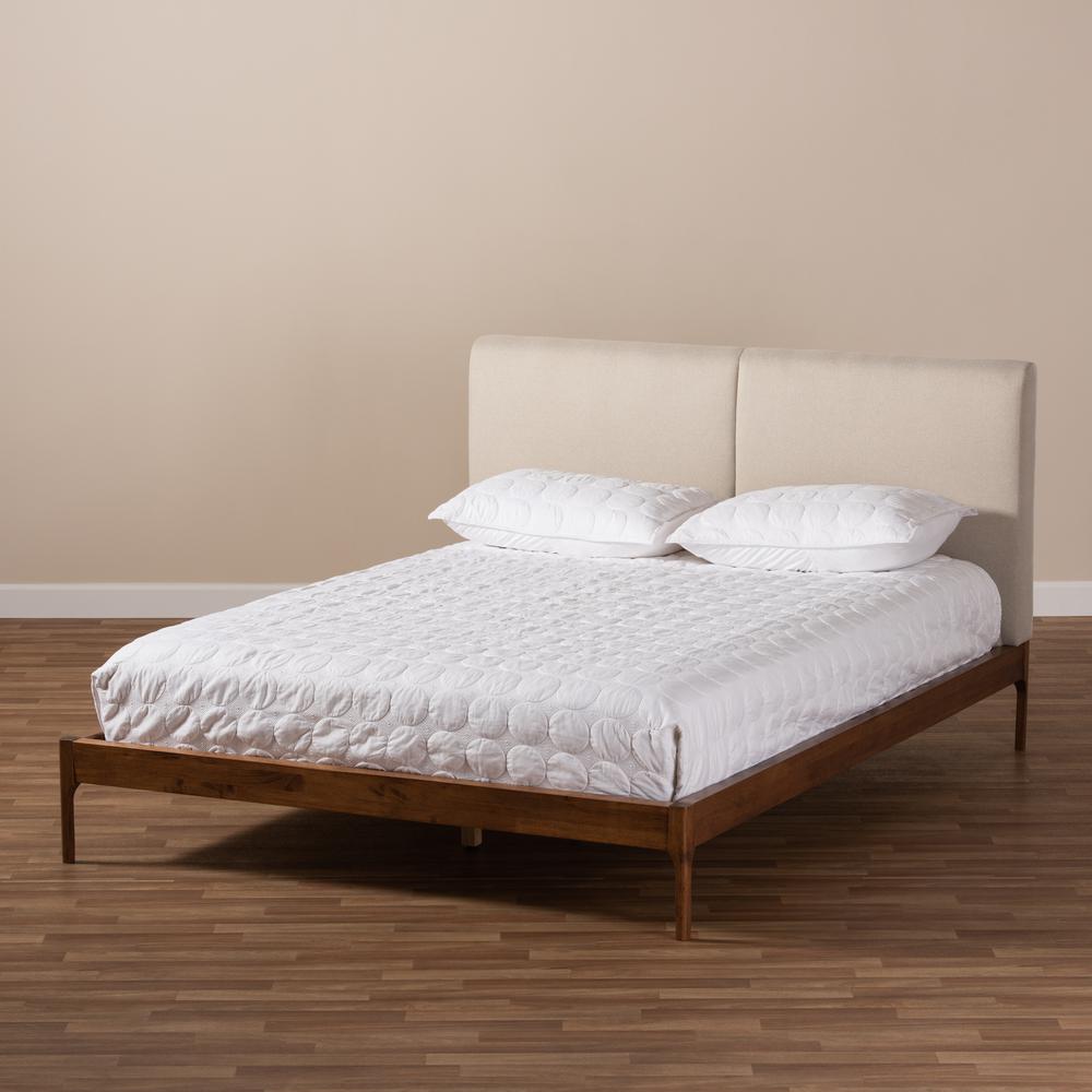 Beige Fabric Upholstered Walnut Finished Full Size Platform Bed. Picture 17