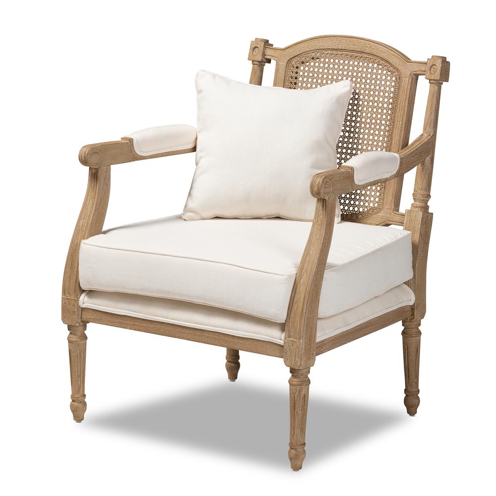 Clemence French Provincial Ivory Fabric Upholstered Whitewashed Wood Armchair. Picture 11