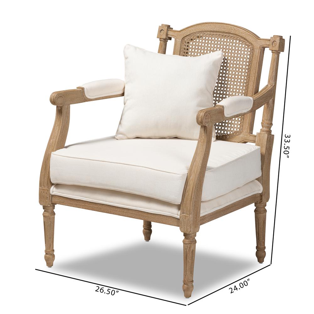 Clemence French Provincial Ivory Fabric Upholstered Whitewashed Wood Armchair. Picture 20