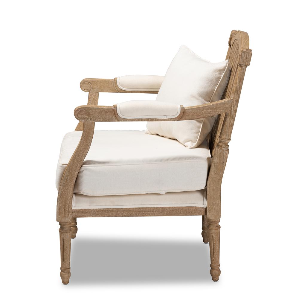 Clemence French Provincial Ivory Fabric Upholstered Whitewashed Wood Armchair. Picture 13